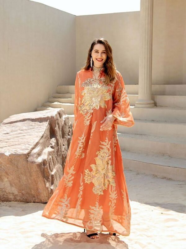 Long Sleeve Pearl Sequin Embroidered Jalabiya