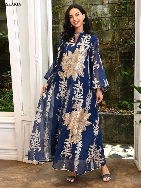 Long Sleeve Pearl Sequin Embroidered Jalabiya