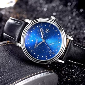 Blue men's watch with a black leather strap