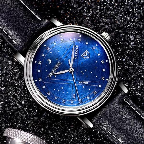 Blue men's watch with a black leather strap