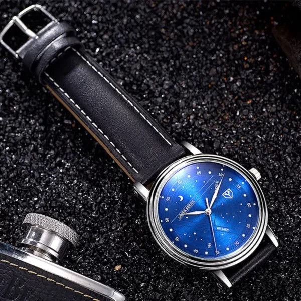 Blue men's watch with a black leather strap
